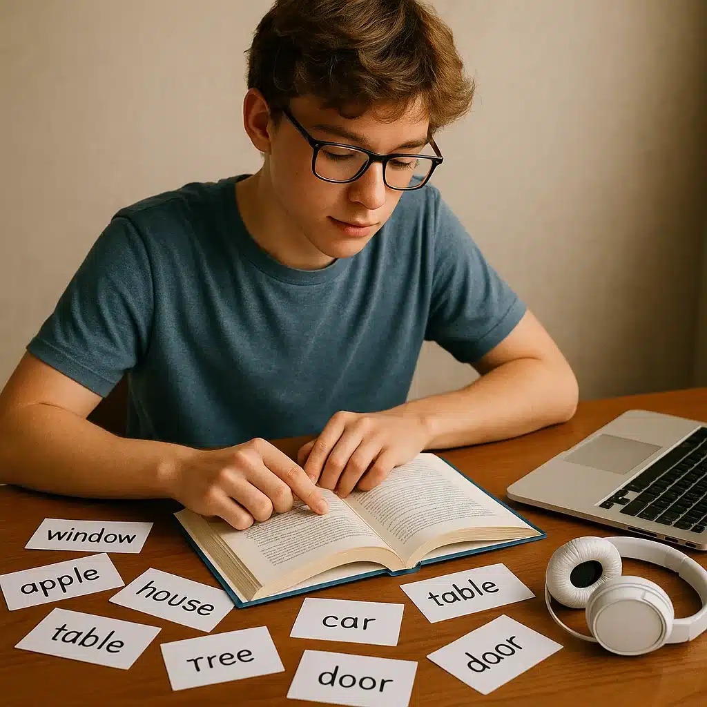 Student s notebookem a kartičkami